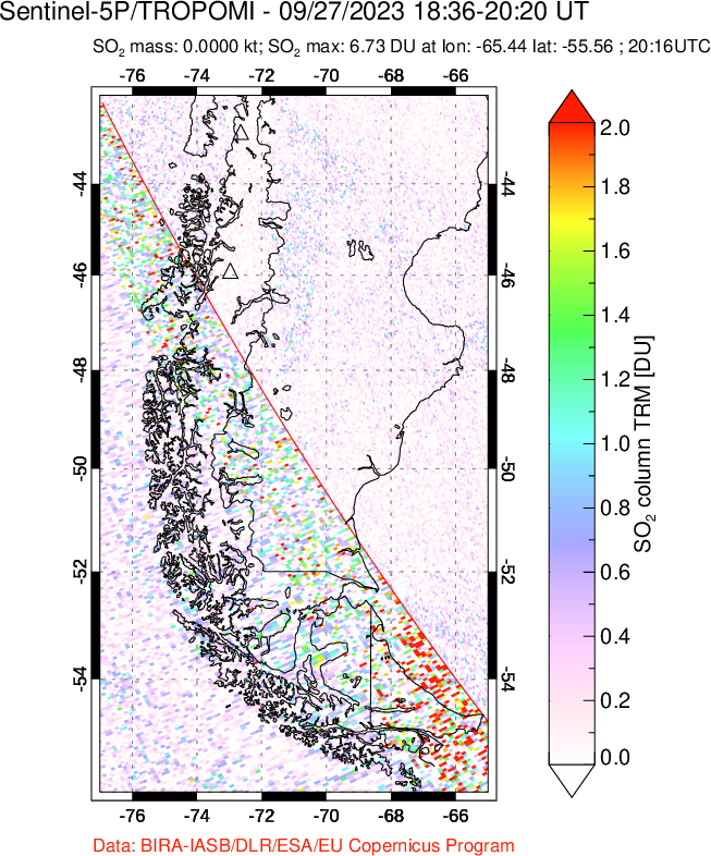 A sulfur dioxide image over Southern Chile on Sep 27, 2023.