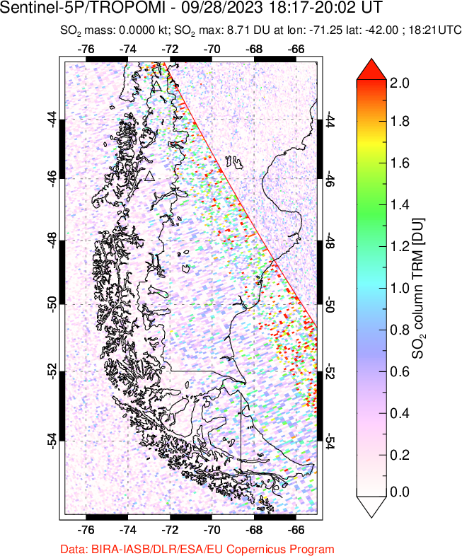 A sulfur dioxide image over Southern Chile on Sep 28, 2023.