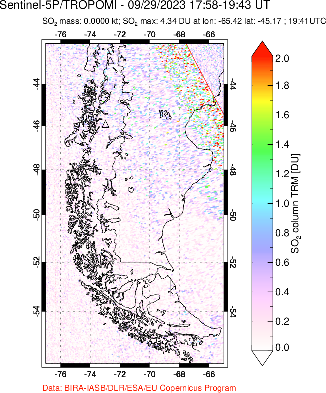 A sulfur dioxide image over Southern Chile on Sep 29, 2023.