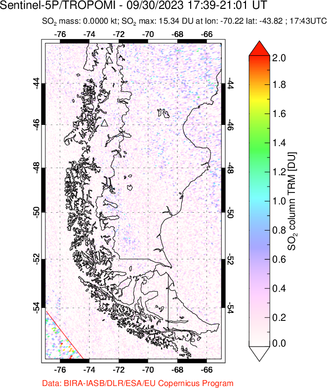 A sulfur dioxide image over Southern Chile on Sep 30, 2023.