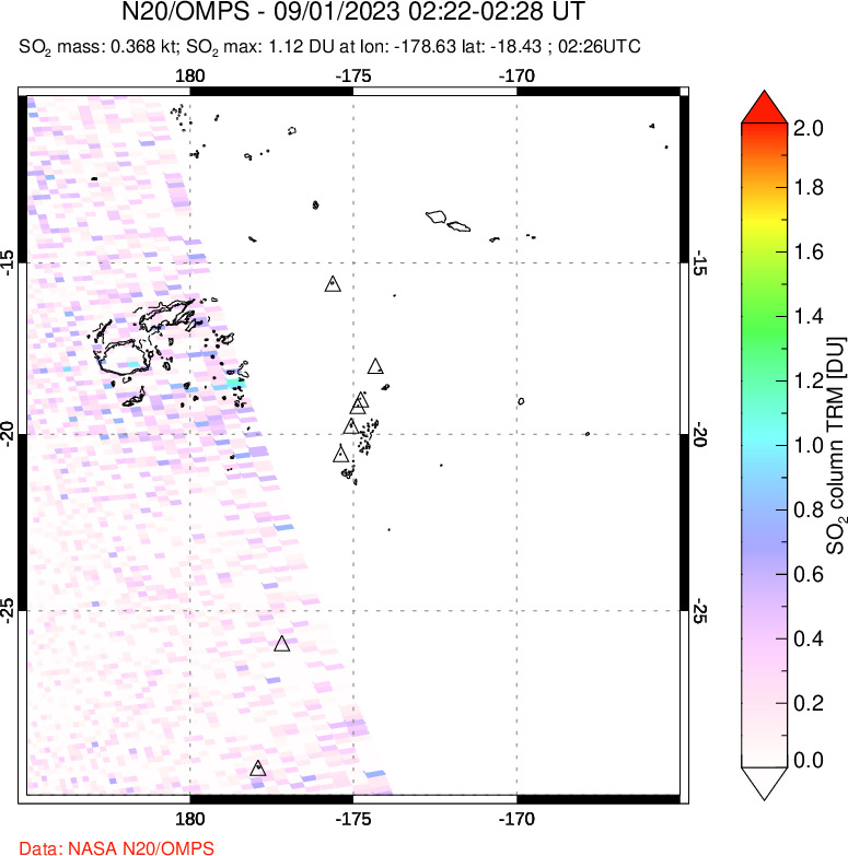 A sulfur dioxide image over Tonga, South Pacific on Sep 01, 2023.