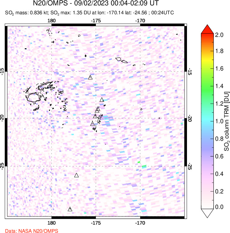 A sulfur dioxide image over Tonga, South Pacific on Sep 02, 2023.