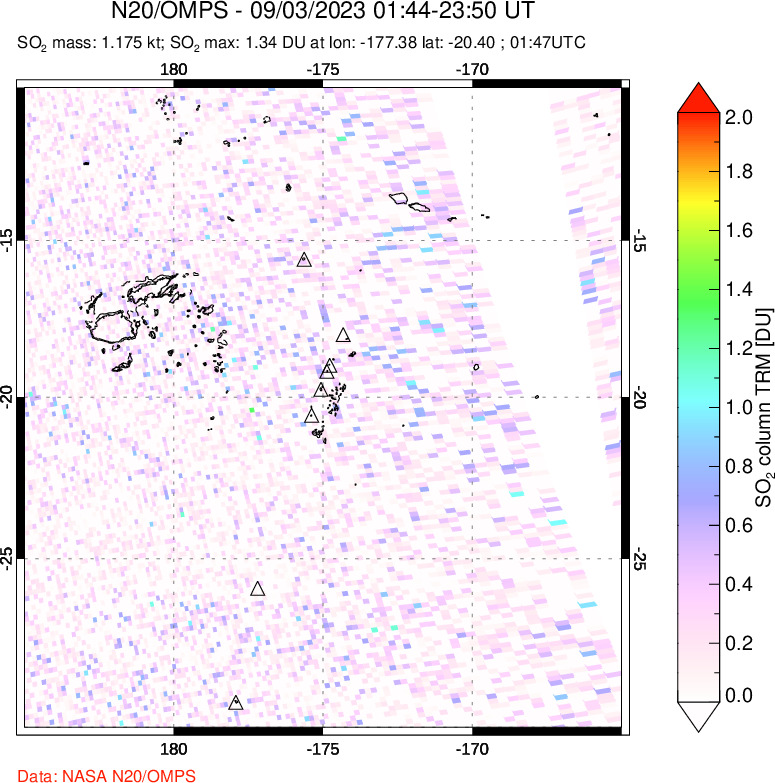 A sulfur dioxide image over Tonga, South Pacific on Sep 03, 2023.