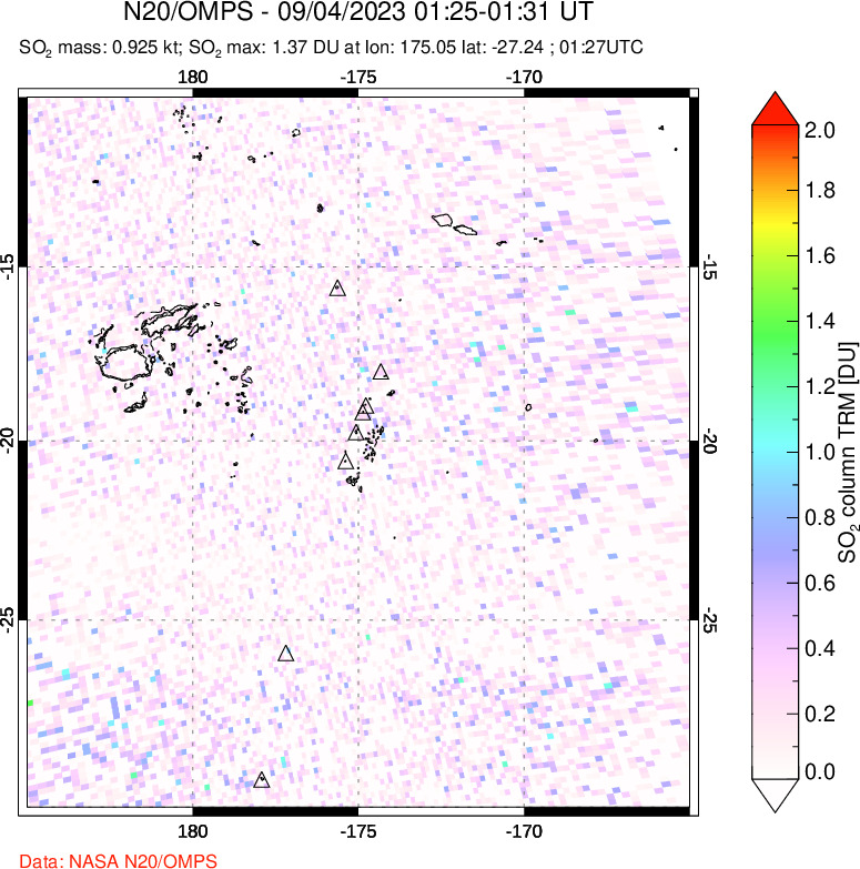 A sulfur dioxide image over Tonga, South Pacific on Sep 04, 2023.