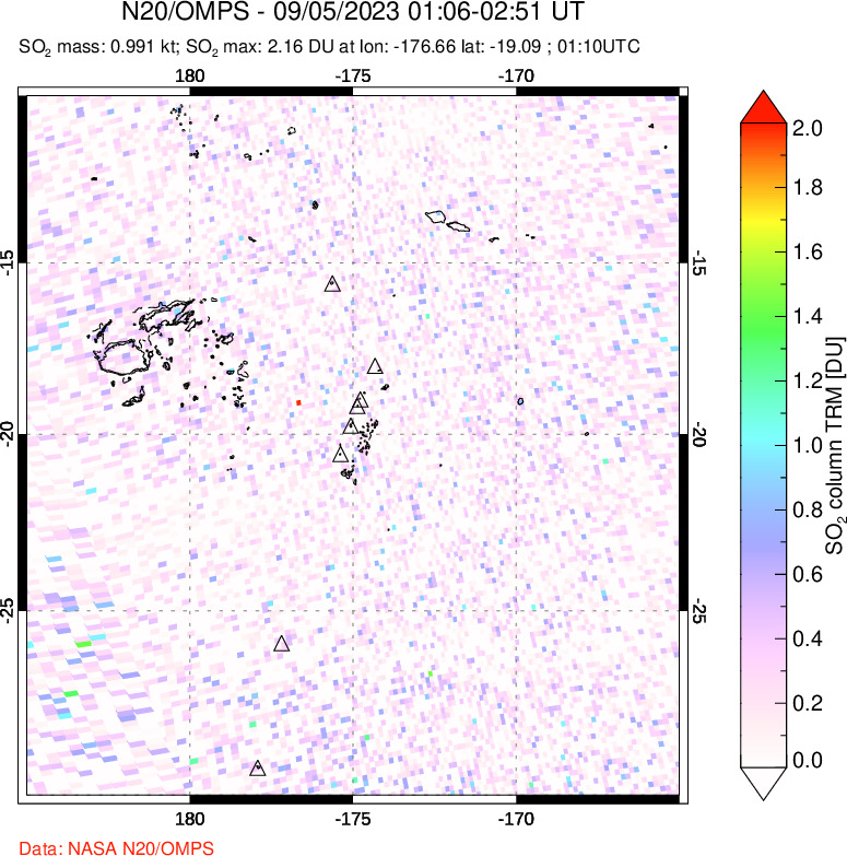 A sulfur dioxide image over Tonga, South Pacific on Sep 05, 2023.