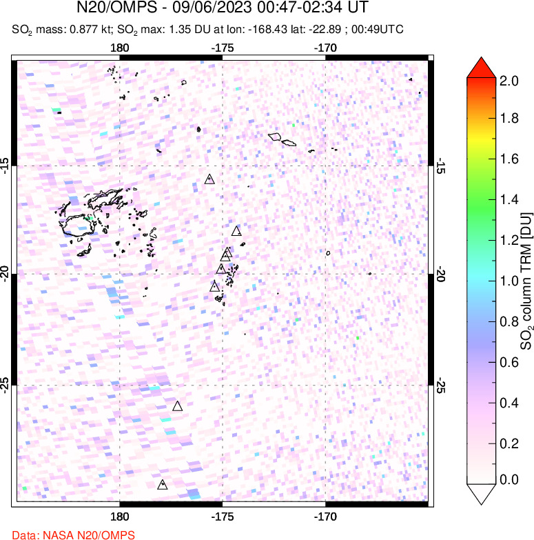 A sulfur dioxide image over Tonga, South Pacific on Sep 06, 2023.