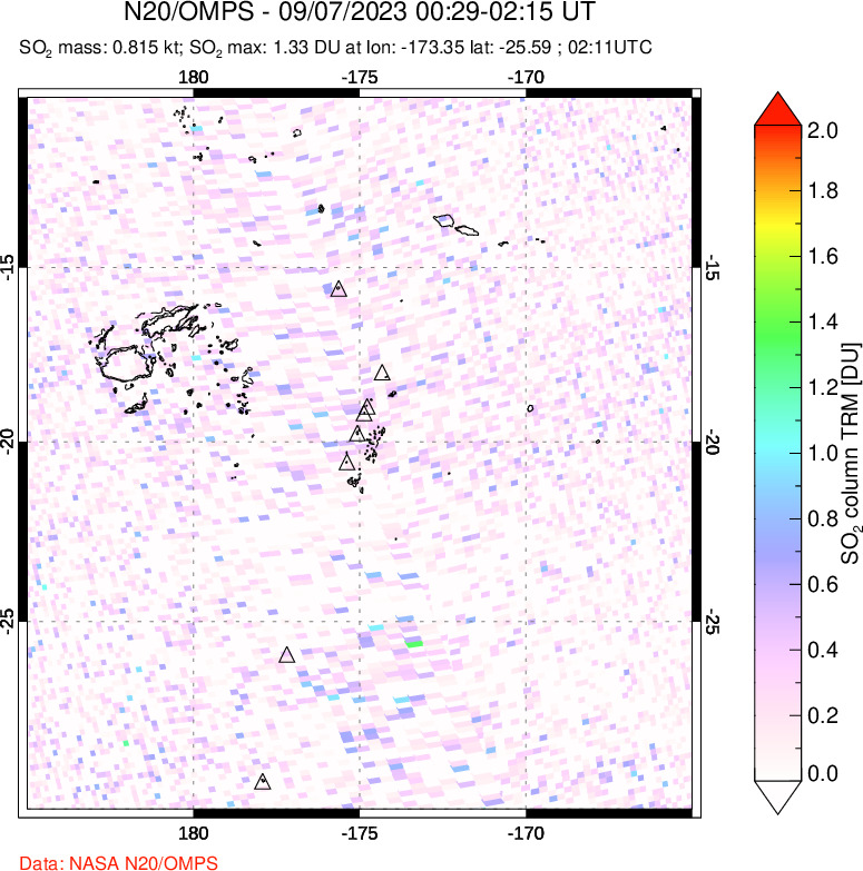 A sulfur dioxide image over Tonga, South Pacific on Sep 07, 2023.