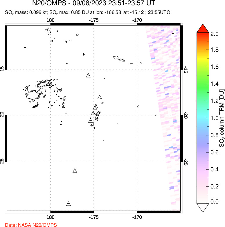 A sulfur dioxide image over Tonga, South Pacific on Sep 08, 2023.