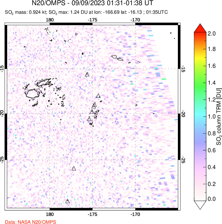 A sulfur dioxide image over Tonga, South Pacific on Sep 09, 2023.