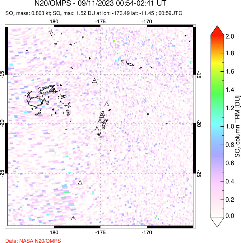 A sulfur dioxide image over Tonga, South Pacific on Sep 11, 2023.