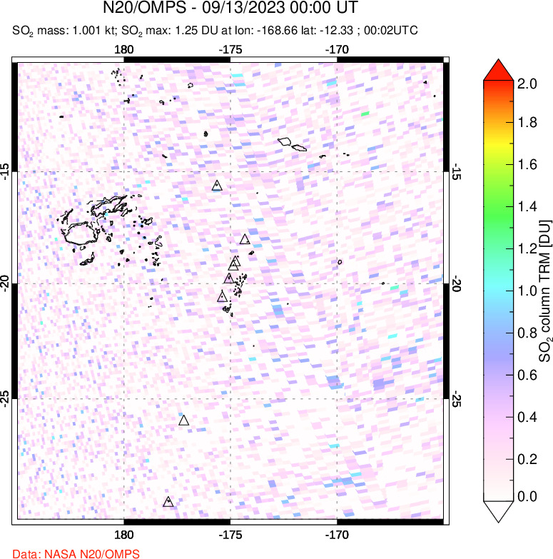 A sulfur dioxide image over Tonga, South Pacific on Sep 13, 2023.