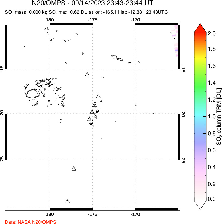 A sulfur dioxide image over Tonga, South Pacific on Sep 14, 2023.