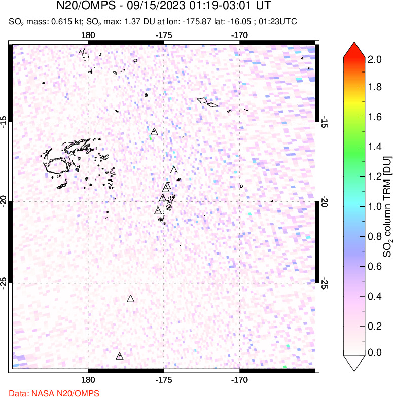 A sulfur dioxide image over Tonga, South Pacific on Sep 15, 2023.