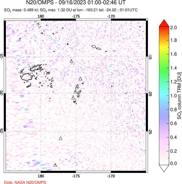 A sulfur dioxide image over Tonga, South Pacific on Sep 16, 2023.