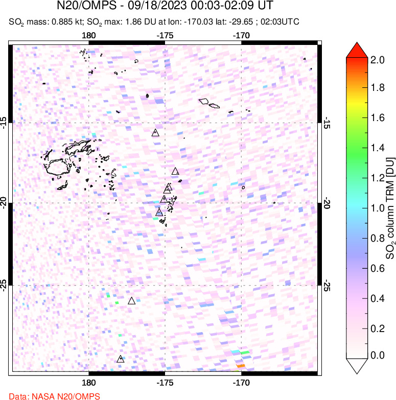 A sulfur dioxide image over Tonga, South Pacific on Sep 18, 2023.