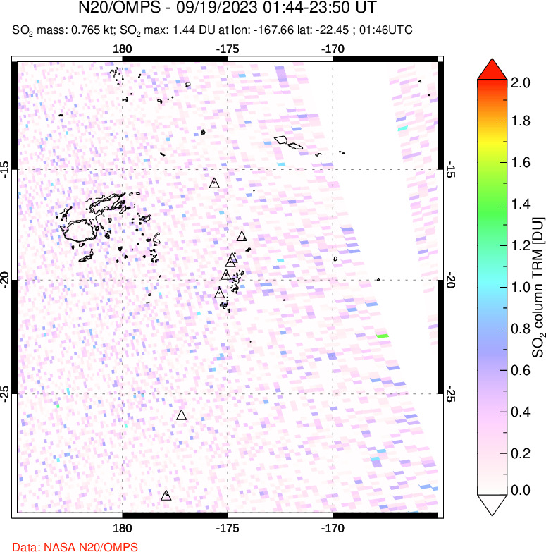 A sulfur dioxide image over Tonga, South Pacific on Sep 19, 2023.