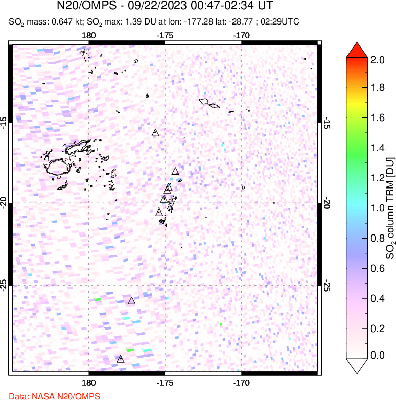 A sulfur dioxide image over Tonga, South Pacific on Sep 22, 2023.