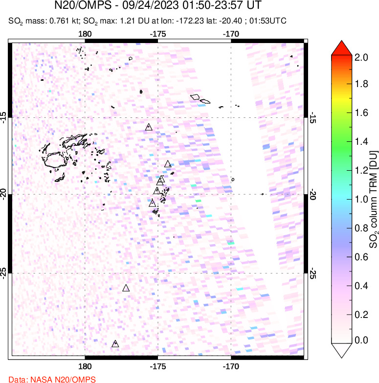 A sulfur dioxide image over Tonga, South Pacific on Sep 24, 2023.