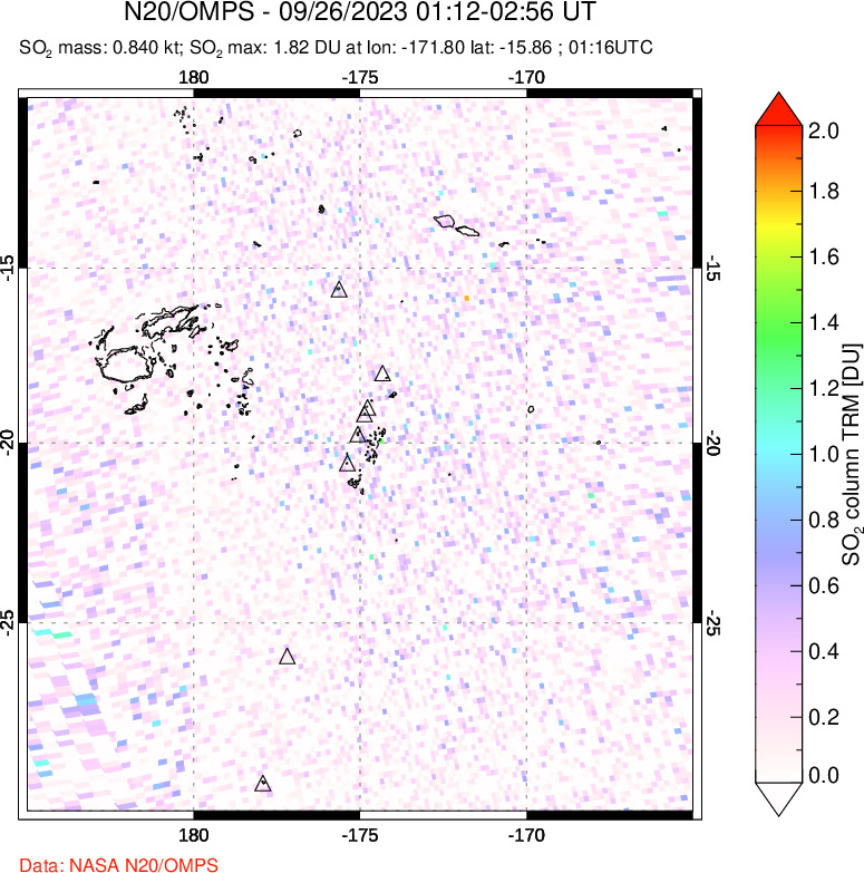 A sulfur dioxide image over Tonga, South Pacific on Sep 26, 2023.