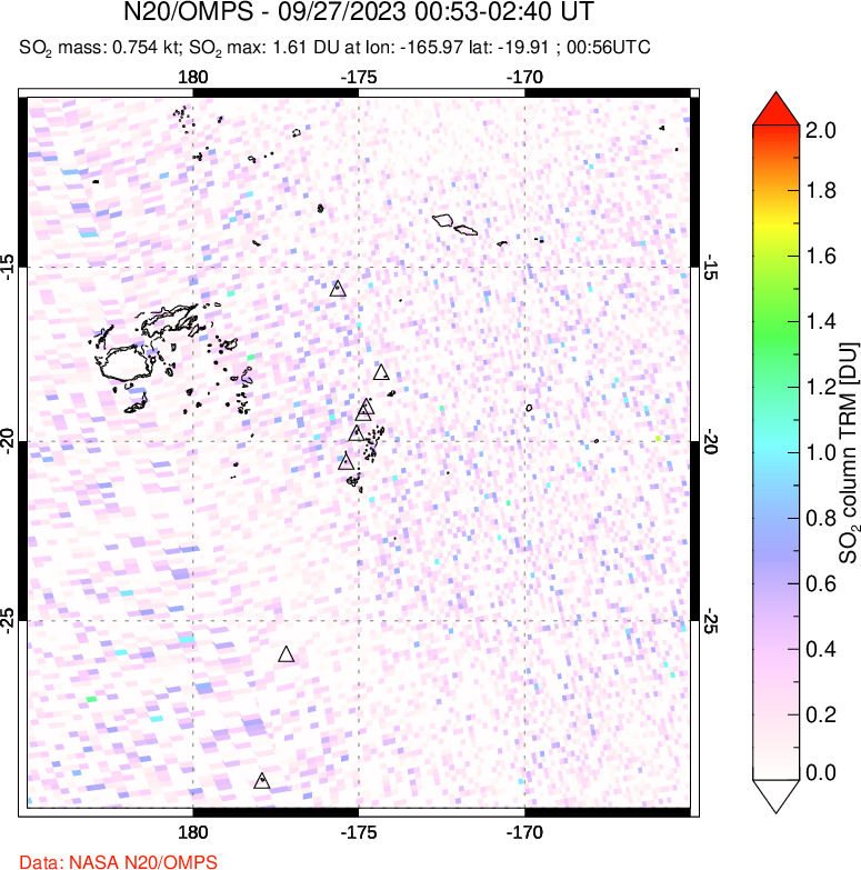 A sulfur dioxide image over Tonga, South Pacific on Sep 27, 2023.