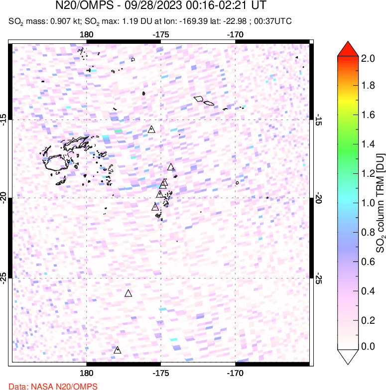 A sulfur dioxide image over Tonga, South Pacific on Sep 28, 2023.