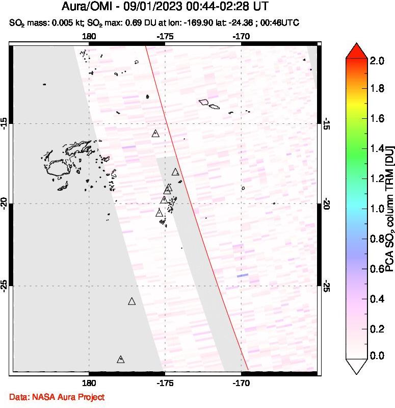 A sulfur dioxide image over Tonga, South Pacific on Sep 01, 2023.