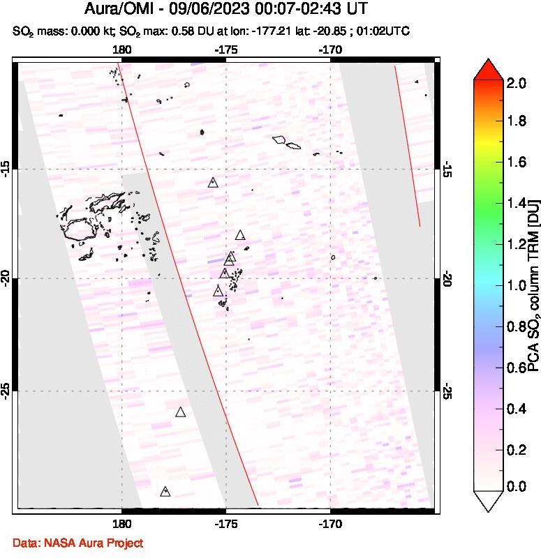 A sulfur dioxide image over Tonga, South Pacific on Sep 06, 2023.