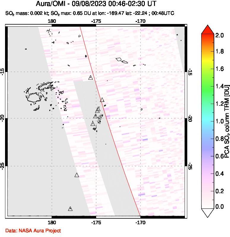 A sulfur dioxide image over Tonga, South Pacific on Sep 08, 2023.