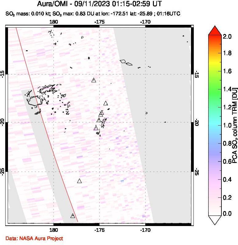 A sulfur dioxide image over Tonga, South Pacific on Sep 11, 2023.