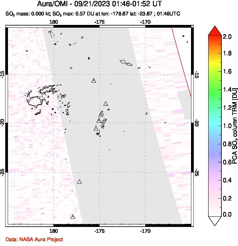 A sulfur dioxide image over Tonga, South Pacific on Sep 21, 2023.
