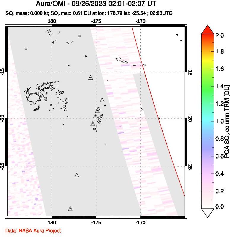 A sulfur dioxide image over Tonga, South Pacific on Sep 26, 2023.
