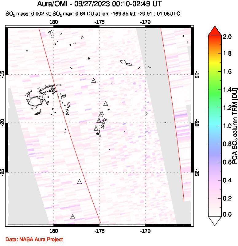 A sulfur dioxide image over Tonga, South Pacific on Sep 27, 2023.