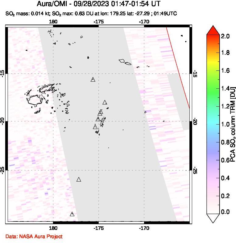 A sulfur dioxide image over Tonga, South Pacific on Sep 28, 2023.