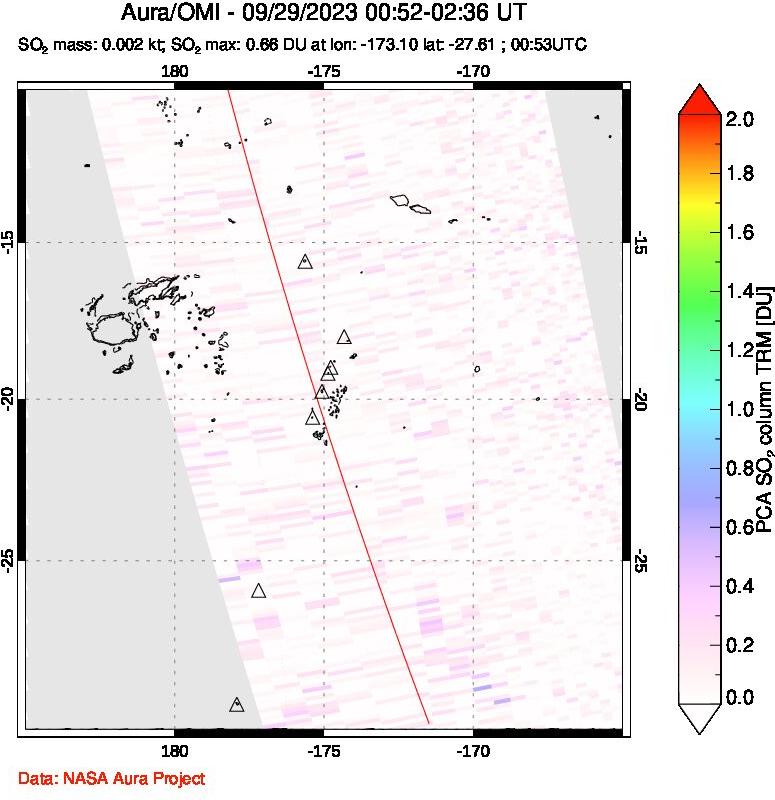 A sulfur dioxide image over Tonga, South Pacific on Sep 29, 2023.