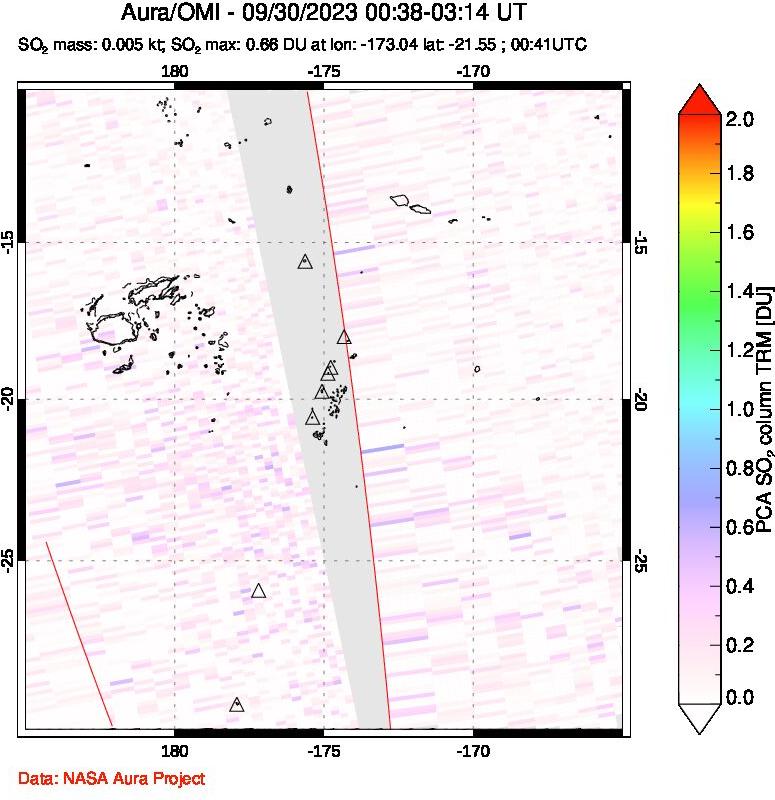 A sulfur dioxide image over Tonga, South Pacific on Sep 30, 2023.