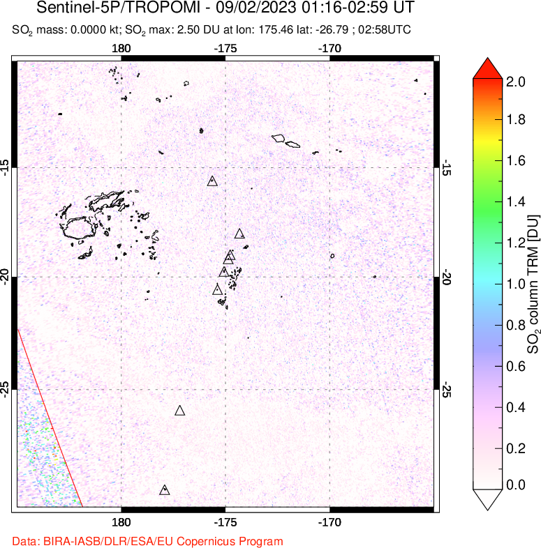 A sulfur dioxide image over Tonga, South Pacific on Sep 02, 2023.