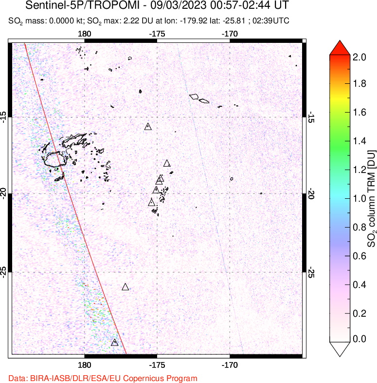 A sulfur dioxide image over Tonga, South Pacific on Sep 03, 2023.