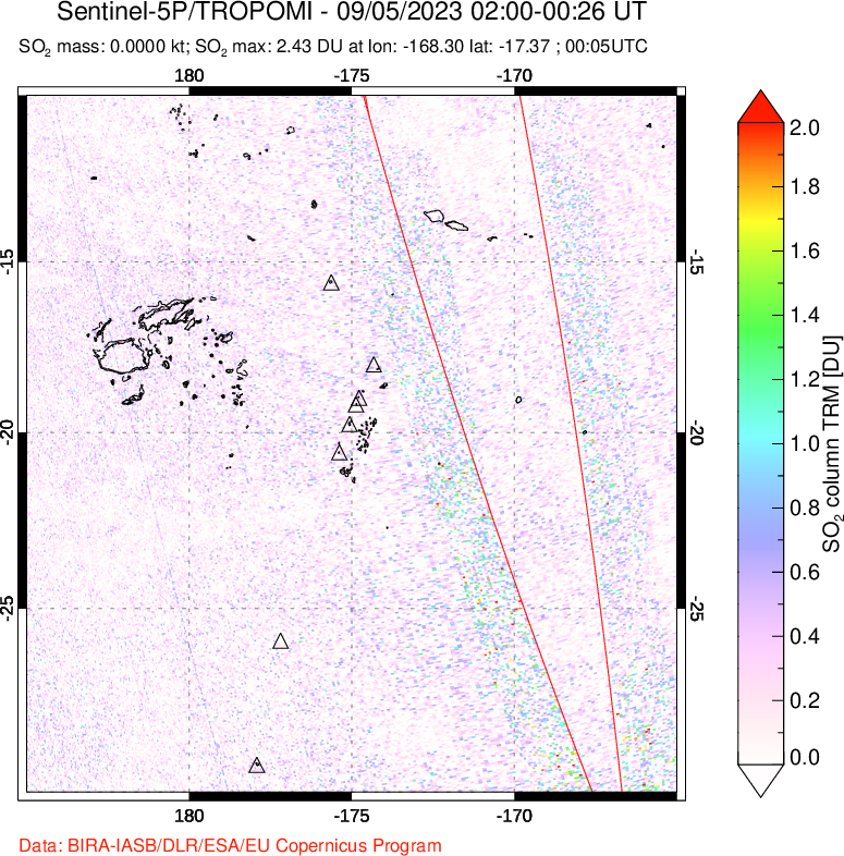 A sulfur dioxide image over Tonga, South Pacific on Sep 05, 2023.