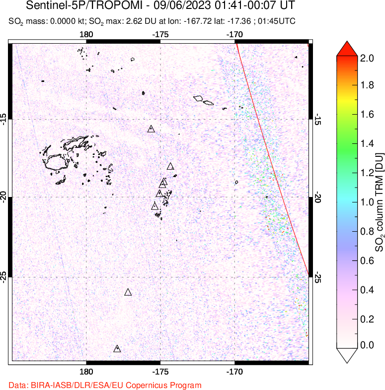 A sulfur dioxide image over Tonga, South Pacific on Sep 06, 2023.