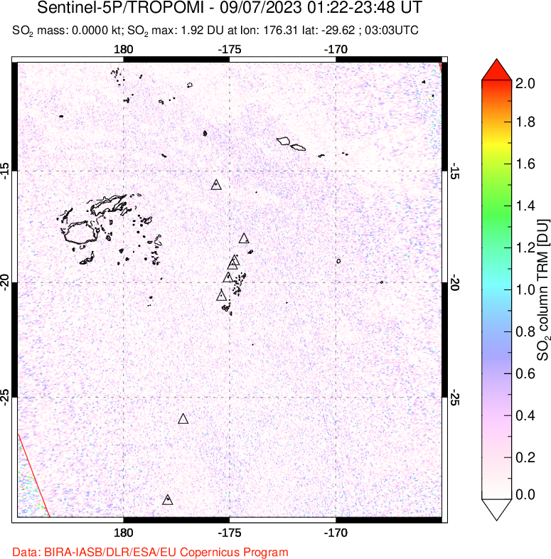 A sulfur dioxide image over Tonga, South Pacific on Sep 07, 2023.
