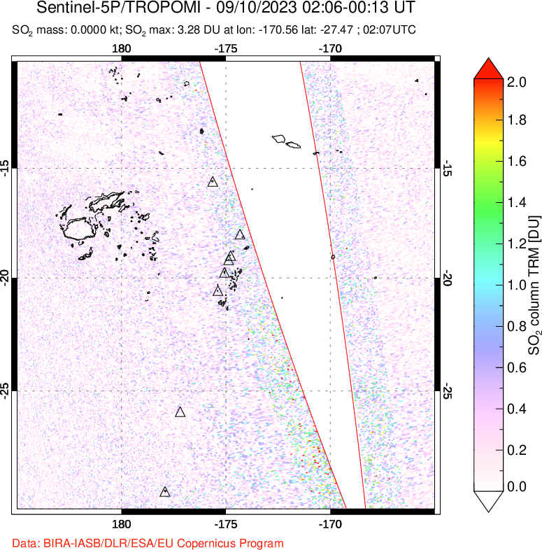 A sulfur dioxide image over Tonga, South Pacific on Sep 10, 2023.