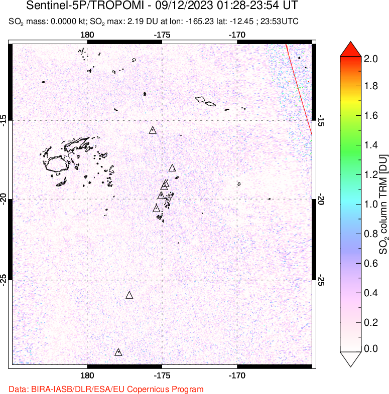 A sulfur dioxide image over Tonga, South Pacific on Sep 12, 2023.