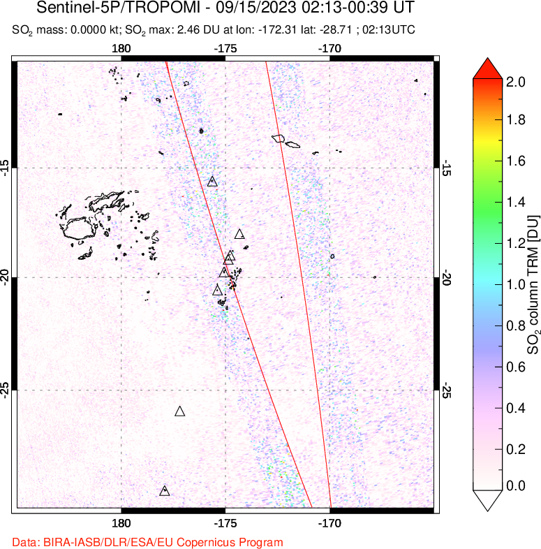 A sulfur dioxide image over Tonga, South Pacific on Sep 15, 2023.