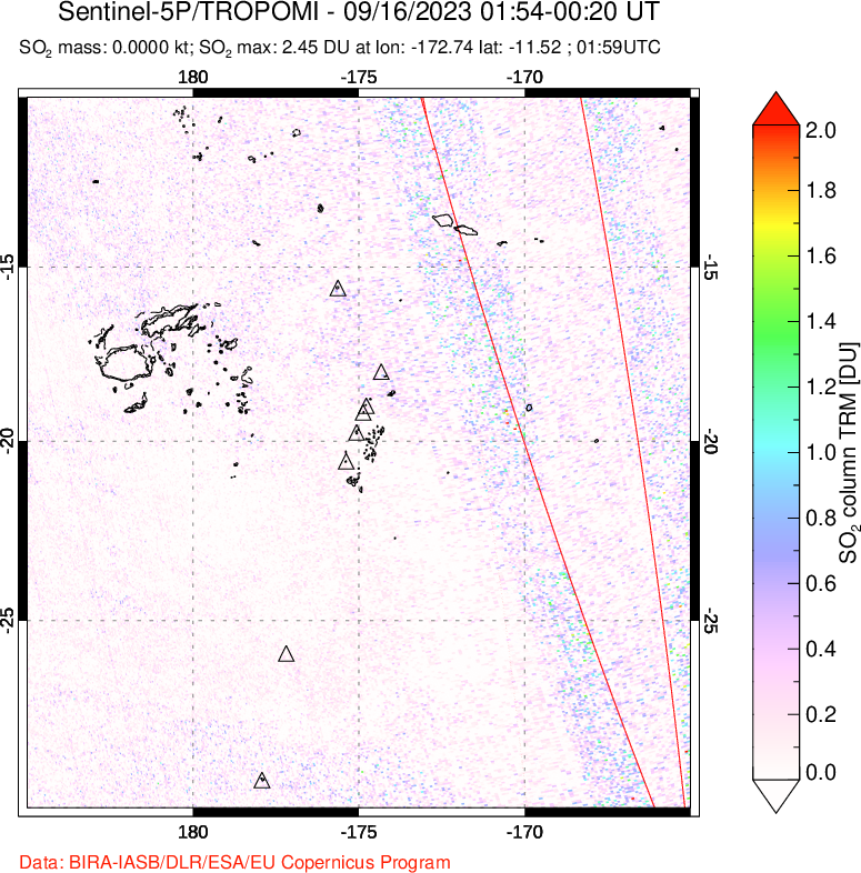 A sulfur dioxide image over Tonga, South Pacific on Sep 16, 2023.