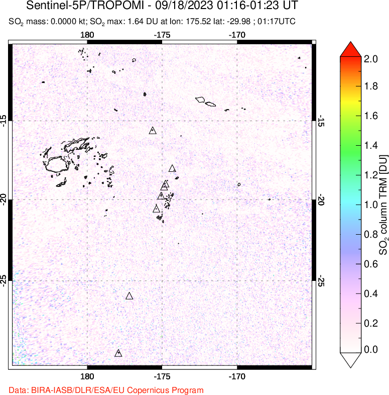 A sulfur dioxide image over Tonga, South Pacific on Sep 18, 2023.