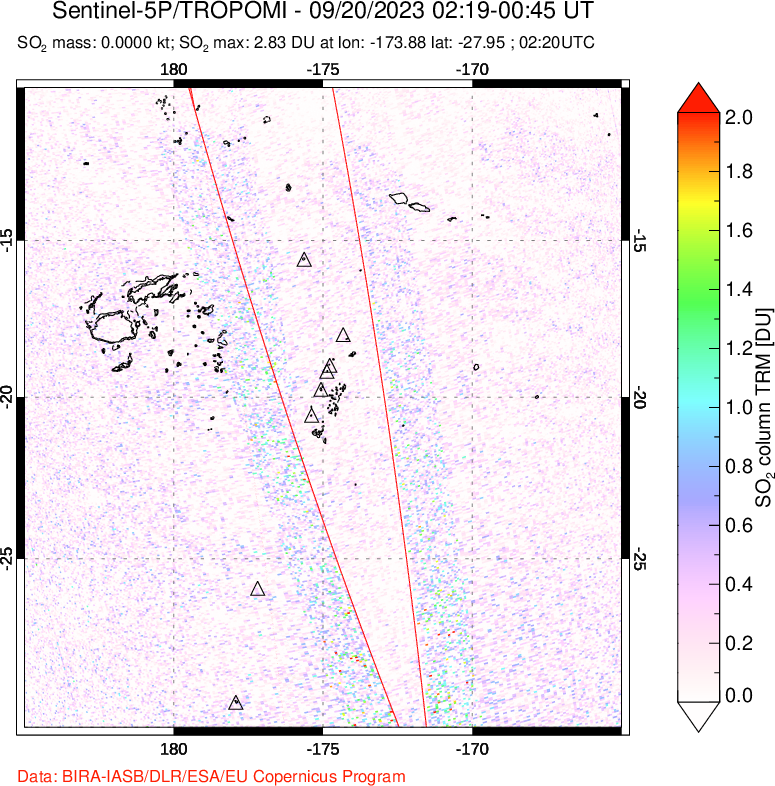 A sulfur dioxide image over Tonga, South Pacific on Sep 20, 2023.