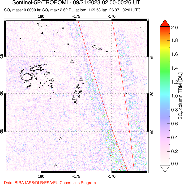 A sulfur dioxide image over Tonga, South Pacific on Sep 21, 2023.