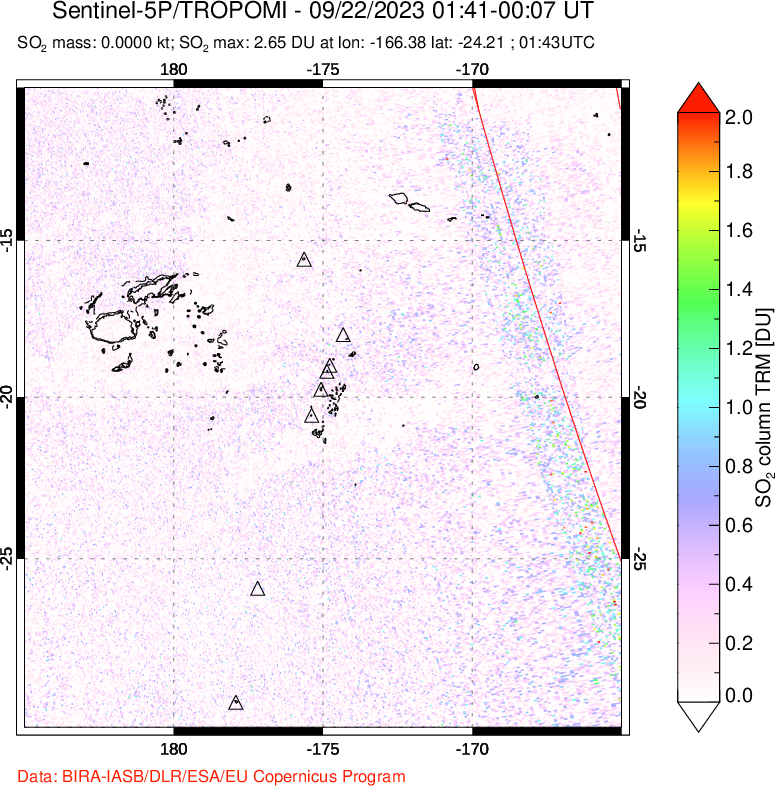 A sulfur dioxide image over Tonga, South Pacific on Sep 22, 2023.