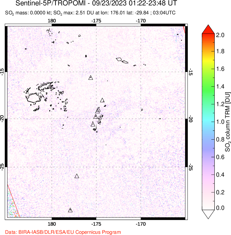 A sulfur dioxide image over Tonga, South Pacific on Sep 23, 2023.