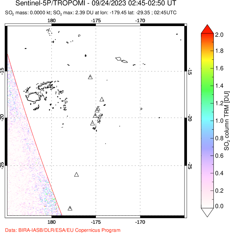 A sulfur dioxide image over Tonga, South Pacific on Sep 24, 2023.